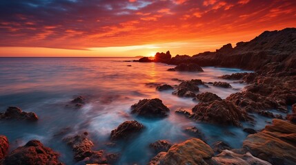 Fototapeta na wymiar Breathtaking Coastal Sunset A vivid and colorful sunset over the sea, creating a stunning, serene seascape for your relaxation and inspiration