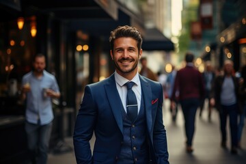 Fototapeta premium Portrait of a young businessman happy smile standing in a city street, looking at the camera