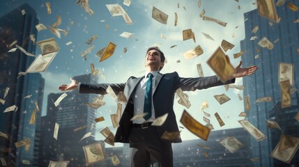 Businessman raises his arms and stands under money rain, A lot of dollar banknotes falling on smiling man facing success, Concept of success and wealth. - obrazy, fototapety, plakaty