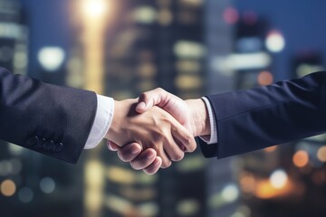 Close up of business handshake on night city background.