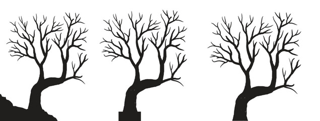 silhouette of dead tree vector illustration. silhouette of trees and branches without leaves. Bare Tree silhouette. Black Branch Tree vector. silhouette of a bare tree.	