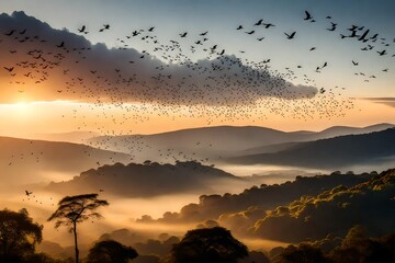 Silhouette flock of birds flying over the valley on sunbeam twilight sky at sunset. Birds flying. The freedom of birds in nature,freedom concept.