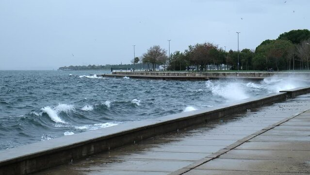 South wind storm waves are hitting The Kadikoy, Caddebostan coastline of Istanbul in slow motion