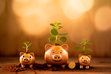 Smiling piggy banks beside a stack of gold coins, plant sprouts growth from their slots