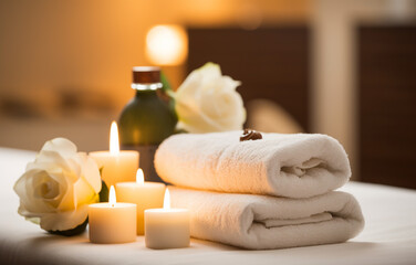 Fototapeta na wymiar Towels and candles on massage table in white