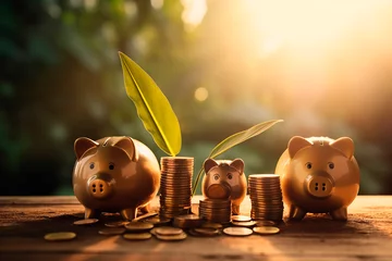 Foto op Canvas Smiling piggy banks beside a stack of gold coins, plant sprouts growth from their slots © epiximages