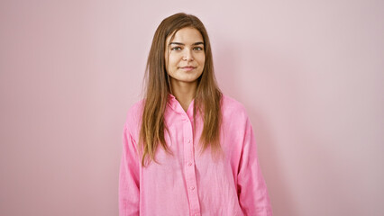 Fototapeta premium Attractive, confident young hispanic woman smiling cheerfully over isolated pink background. she's standing casually, her hairstyle looking cool and full of joy.