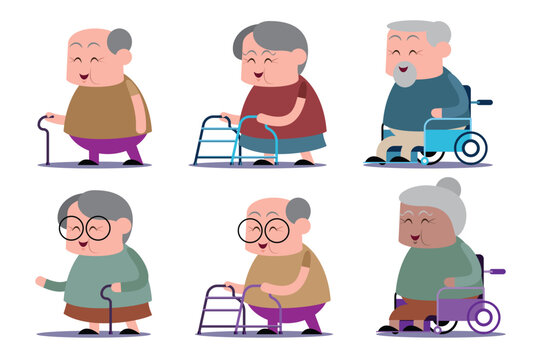 emotion cute vector, illustration flat cartoon character lifestyle senior woman, man sit in arm chari ,walk with cane and walker.