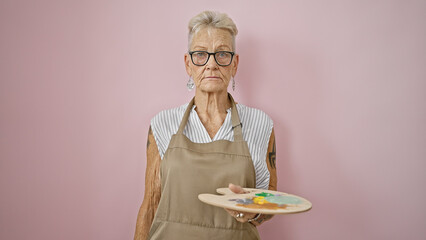 Mature grey-haired woman artist, with brush and palette, painting with serious precision over portable easel in a relaxed isolated pink-walled art class.