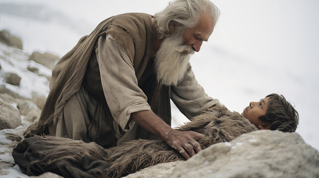 Portrait of Abraham and his son Isaac on mount Moriah. Old testament concept.