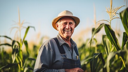 Naklejka na ściany i meble Agriculturist Portrait of Happy senior farmer in growing corn field agriculture