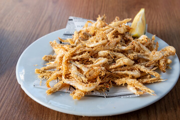 Crystal shrimp plate, fried shrimp with lemon, Cordoban bar tapa, Andalucia.