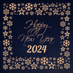 Fototapeta na wymiar Square wish card 2024 written in English in gold font with a lot of golden stars on a starry blue background