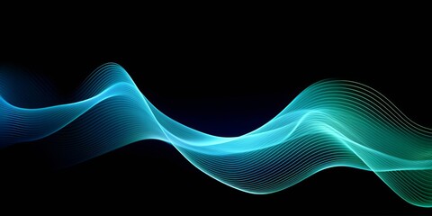 abstract light lines wavy flowing dynamic in blue green colors isolated on black background for concept of AI technology, digital, communication, 5G, science, Generative AI - obrazy, fototapety, plakaty