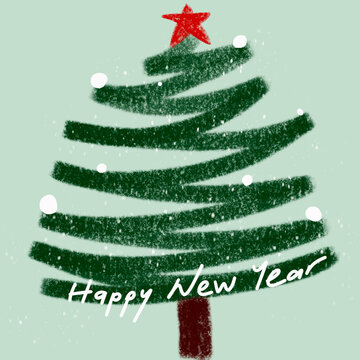 hand written new year greeting card illustration with Christmas tree on green