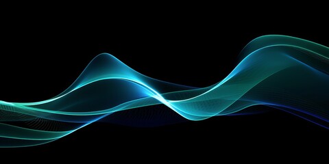 abstract light lines wavy flowing dynamic in blue green colors isolated on black background for concept of AI technology, digital, communication, 5G, science, Generative AI - obrazy, fototapety, plakaty
