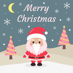 Merry Christmas greeting card with cute Santa Claus, pink Christmas trees and snowflakes. Winter snowy landscape.  Holiday cartoon character.