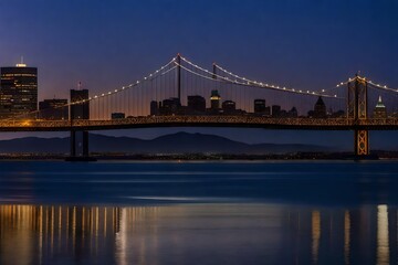 Fototapeta na wymiar Classic panoramic view of famous Oakland Bay Bridge with the skyline of San Francisco in the background illuminated in beautiful twilight after sunset in summer, California, USA