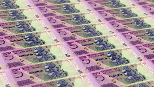Zimbabwe Zimbabwean Dollar 5 Banknotes Money Printing House, Printing Five Zimbabwean Dollar, Printing Press Machine Print out Zimbabwean, Being printed by currency press machine 5