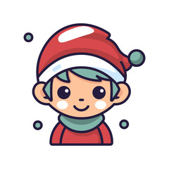 Cute cartoon elf boy in santa hat. Merry Christmas and Happy New Year. Vector illustration.