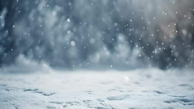 Gentle snowflakes falling on untouched snow cover, serene winter backdrop with soft focus and bokeh effect. Winter wonderland and tranquility.