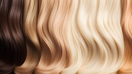 Fototapeta premium Palette of blonde hair colors in a professional hairdressing salon. Colors Palette. Close up, top view. Generative ai.