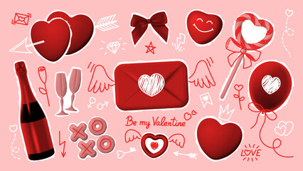 Set of halftone collage elements for Valentine's day. Vector illustration with halftone elements and hand drawn doodles. Cut out stickers for decoration Valentine's day poster, banner, social media.