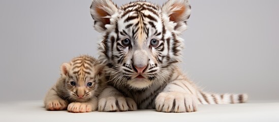 In the stunning wildlife photography a cute young white tiger cub is sitting on its mother s back against an isolated white background showcasing its black and orange stripes