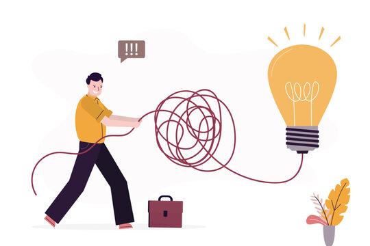 Smart businessman untangle messy line of idea light bulb or simplify problem. Complex business idea, untangle or solve business problem, solution for chaos situation.