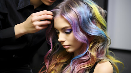 Fototapeta premium Coloring a young woman's hair in a hairdressing salon. Effect after coloring. Side view. Generative ai.