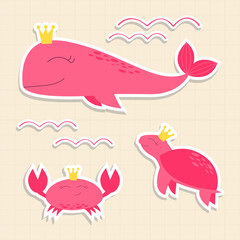 Cute sea animals. Vector stickers with whale, crab and turtle in flat style in pink color
