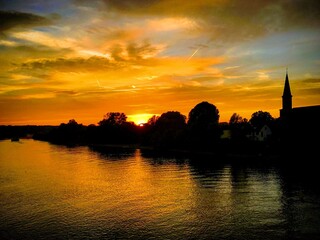 Fototapeta na wymiar Sunset over the river Main near Mainz, Rhineland-Palatinate, Germany, October 2018