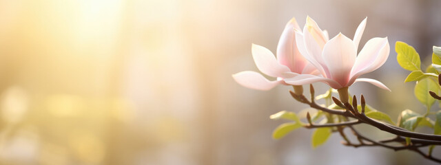 Pink spring blossom of magnolia flowers on soft background with copy space