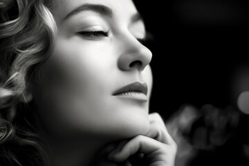 gros plan sur le visage d'une jeune femme en noir et blanc