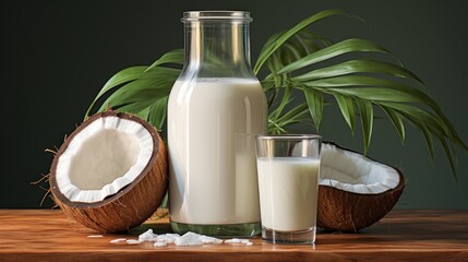 Fototapeta na wymiar Artistic depiction of a bottle of coconut milk and coconut. AI generate illustration