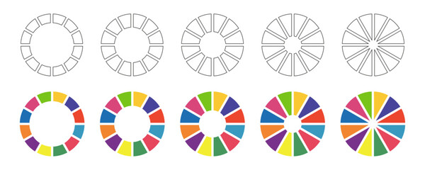 Donut charts, pies segmented on 12 equal parts. Diagrams infographic multicolored set. Wheels divided in twelve sections. Circle section graph. Pie chart round icons. Loading bars collection. Vector. © Hanna