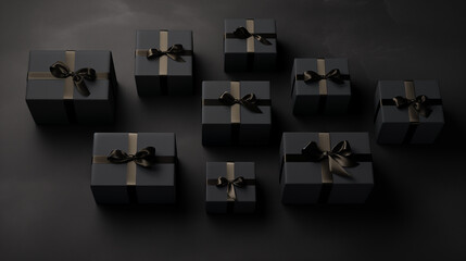 Black Friday Discounts Concept. Black Gift Boxes on a Dark Background.