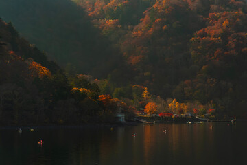 Idyllic landscape of lake Chuzenji in Nikko national park, Japan