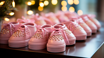 pink baby shoes on wooden table