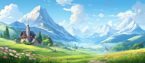 In the serene summer sky against a backdrop of majestic mountains and fluffy clouds nature is painted with vibrant greens and vintage charm crafting a picturesque landscape that beckons tra