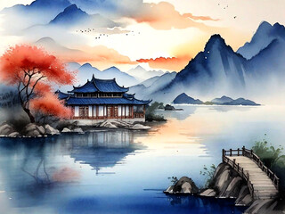 watercolor painting Chinese Lake House, Mountains, And Sunset Background. Generative AI