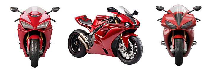 Obraz na płótnie Canvas Set of red sport bike motorcycle isolated on transparent background, side view. Generative AI