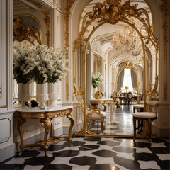 Fototapeta na wymiar hotel lobby boutique french style clean, gold furnitune flowers , mirror wallpaper