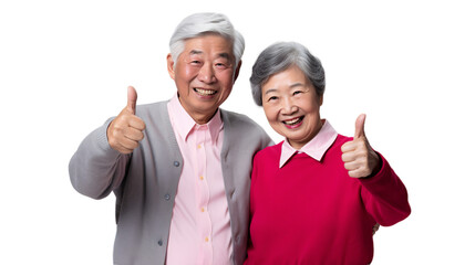 Cute asian  senior couple showing thumbs up on transparent background.