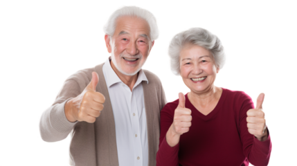 Cute senior couple showing thumbs up on transparent background.