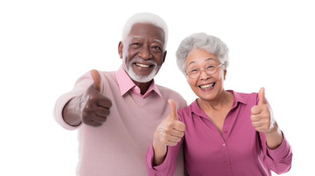 Happy multiracial elderly couple showing thumbs up on transparent background.