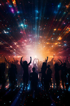 Silhouette of a party crowd on disco lights. Dancing in the club, template of party banner poster with free copy space, generative ai