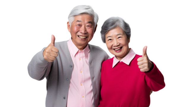 Cute asian  senior couple showing thumbs up on transparent background.