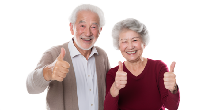 Cute senior couple showing thumbs up on transparent background.