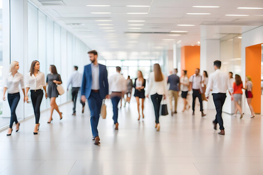 Multid&atilde;o de Pessoas desfocadas no corredor de uma empresa